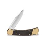 Buck Knives 110 Folding Hunter Lock-back Knife, Brass Bolsters, Ebony Handles, 3-3/4″ 420HC Blade with Leather Sheath