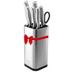 Laxinis World Universal Knife Block, Stainless-Steel Modern Rectangular Design with Scissors-Slot, Knife Holder Counter-top Storage, Holds 12 8”-Blade Knives, 9.1” by 4”(knives not included)