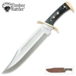 Timber Rattler Western Outlaw Bowie Knife with Embossed Genuine Leather Sheath – Stainless Steel Full Tang Blade, Brass-Plated Guard, Hardwood Handle – Great for Camping and Hiking – 16 1/2″ Overall