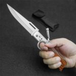 AK47 Flipper Pocket Folding Knife Push Button Lock Knife?Stainless Steel Blade?Wooden Handle and Pocket Clip?Protable Knife with LED Light for Men’s Gift?Camping Survival EDC Knives