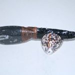 Fossil Orthoceras handle knife with a obsidian blade…. a581 ….., Ornamental replica primitive tool….