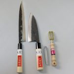Kurouchi Kitchen Knives set, Sashimi knife, Deba knife, Scale remover, tweezer (240mm&165mm)