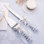 TIHOOD Set of 2 Rustic Wedding Cake Knife and Serving Set with Twine Heart Love Wood Tag Burlap Lace Wedding Cake Knife
