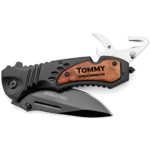 Engraved Tactical Rescue Knife Seat Belt Cutter Bottle Opener Glass Breaker Pocket Folding Black Blade Custom Personalized