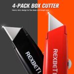 REXBETI 4-Pack Utility Knife, SK5 Heavy Duty Aluminum Shell Retractable Box Cutter Knife Sets for Cartons, Cardboard and Boxes, Extra 5PCS Hook Blades and 10PCS Trapezoid Blades Included