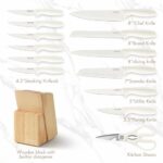 CAROTE 15Piece Knife Set, Kitchen Knife Block Set, Elegant White Ceramic-Coated Blades with Stylish Wooden Block for Modern Culinary Excellence