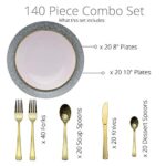 Trendables 140 Pack Disposable Dinnerware & Cutlery Combo Ornamental Design Plates Includes: 20 10.25 in. Large Dinner Plates + 20 8″ Dessert Plates +100 Pcs  Gold Forks Knives and Spoons T-spoons