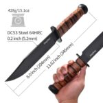 ZhengSheng 8.0 inches Full Tang Fixed Blade Knife, Black Titanium PVD Coating DC53 Steel Blade Hunting Knife with Leather Sheath, Ergonomic Handle Bushcraft Bowie Knife for Camping, Hiking