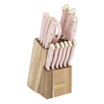 Farberware 15-Piece Triple Riveted Acacia Knife Block Set, High Carbon-Stainless Steel Kitchen Knives with Ergonomic Handles, Razor-Sharp Knife Set, Blush and Gold