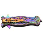 Masters Collection – Spring Assisted Open Folding Pocket Knife – Rainbow Stainless Steel Blade, Rainbow Handle w/ Sculpted Ninja, Pocket Clip, Glass Punch, EDC, Collectible, Self Defense – MC-A030RB