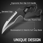 HOLYEDGE D2 Steel Half-Serrated Fixed Blade Knives – Survival Tactical Claw Knife with G10 Handle and Kydex Sheath, Outdoor Camping Hiking Hunting Tools, Stonewash Blade