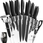 Stainless Steel Knife Set with Block – 13 Kitchen Knives Set Chef Knife Set with Knife Sharpener , 6 Steak Knives , Bonus Peeler Scissors Cheese Pizza Knife & Acrylic Stand – Best Cutlery Set Gift