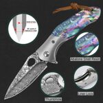 KOMWERO Damascus Pocket Knife for Men, Damascus Steel Hunting Knife with Sheath, Abalone Shell Handle, Liner Lock, Thumb Hole, Flipper Open, EDC Knives for Camping Outdoor Survival