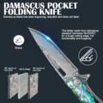Cottonbell Damascus Pocket Knife with Clip Unique Abalone Seashells Handle Folding Knives for Men EDC Knife with Safety Liner Lock,Survival Knife for Camping Fishing Hiking Hunting Gift
