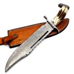 Nooraki BK-222 Handmade Damascus Steel Hunting Bowie Knife Stag Horn Handle Damascus Guard With Leather Sheath, 15 inches UPGRADED VERSION