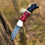 Hand made Damascus steel Pocket knife, Folding knife for camping, hiking, with Leather sheath. ((OB-11) (Red/Black)