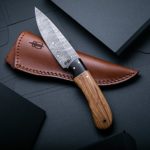 Buck n Bear Custom Handmade Fixed Blade Damascus Hunting Knife with Leather Sheath – Drop Point (Utility) (Olivewood/G10) Handle