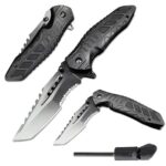 DOOM BLADE 8.4″ Serrated Sharp Black Pocket Folding Knife, Spring Assisted with Fire Start, EDC Survival Knife for Tactical Hunting Camping Hiking Fishing