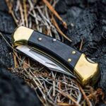 Buck Knives 112 Ranger Lock-back Knife, Brass Bolsters, Ebony Handles, 3″ 420HC Blade with Leather Sheath