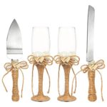 4-Piece Cake Knife, Pie Server Set with Wedding Champagne Glasses Set – 2 Toasting Champagne Flutes, 1 Pie Server and 1 Cutting Knife, Bride Groom Gifts with Jute Handles