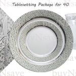 Elegant Wedding Party Disposable Plastic Plates Hammered Clear with Silver,for 40 Guests,Dinner Plates10.25″,Salad Plates7″,Napkins,Tumblers,Forks,Spoons,Knives,with 1 Vanilla Scent Diamond Candle
