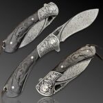 TACTICAL GEARZ Damascus Pocket Knife, Custom Carved Ebony Handle, Includes Custom Leather Sheath! (Kanaka XT)