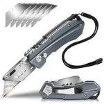 Pocket Utility Knife, MonoTurls Heavy Duty Box Cutter Folding Sharp Knives with Extra 6-Piece Blade, Portable String and Aluminum Body for Cutting Boxes, Cardboard, Wallpaper, Leather Etc