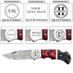 WINTERFELL Personalized Engraved Folding Pocket Knife for Men, Customized Christmas Gifts for Husband, Dad, Boyfriend, Damascus Steel Groomsman Gift Knives, 100% Handmade Knife with Leather Sheath