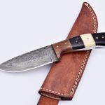 Nescole 8 in. Bowie Knife- Handmade Damascus Knife- Decorative Knives, Camping Survival Knife, and Hunting Knife with Camel Bone and Walnut Wood Handle, 4 in. Sharp Blade with Leather Sheath