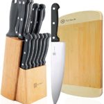 Knife Set,Knife Block Sets Stainless Steel Kitchen Knives 15-Piece 8″ Chef Slicing Bread 5″ Utility 3½” Paring 4½” Steak Knives Sharpener Fruit Board, Sharp Blade Classic Handle Grip Gift Box