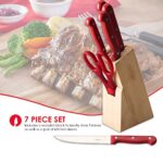 Home Basics 7 Piece Knife Set, Red | Wooden Block Included for Storage | Comfortable Grip | Non-Slip Handles | Bright Red | Heavy Duty Stainless Steel