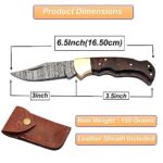 Sky Knives 6.5″ Handmade Damascus Steel Folding Hunting Knives For Men, Pocket Knife For Camping, Survival, Skinning And Outdoor Activities With Leather Sheath. (Rosewood)