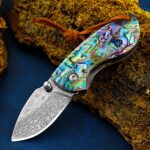 ESaure Damascus Pocket Knife with Abalone Seashell Inlays, Thumb Stud, and Liner Lock – Great EDC for Camping.(FK2)…