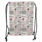 Custom Printed Drawstring Backpacks Bags,Fashion House Decor,Retro Style Newspaper with Colorful Ornamentals Modishness Illustration,White Pink Soft Satin,5 Liter Capacity,Adjustable String Closu