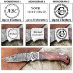 WINTERFELL Personalized Engraved Damascus Steel Pocket Folding Knife Customized Groomsmen Gifts Gift for Husband Dad Blade Made of Authentic Damascus Steel 100% Handmade 6.5″ Knife for Outdoor Camping Back Lock (Brown)