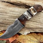 WINTERFELL Personalized Stag Horn Handle Fixed Blade Damascus Hunting Knife with Sheath, Engraved Custom Gifts For Hunter, Customized Gift For Husband, Dad, Son, Boyfriend, Unique Father’s Day Gift